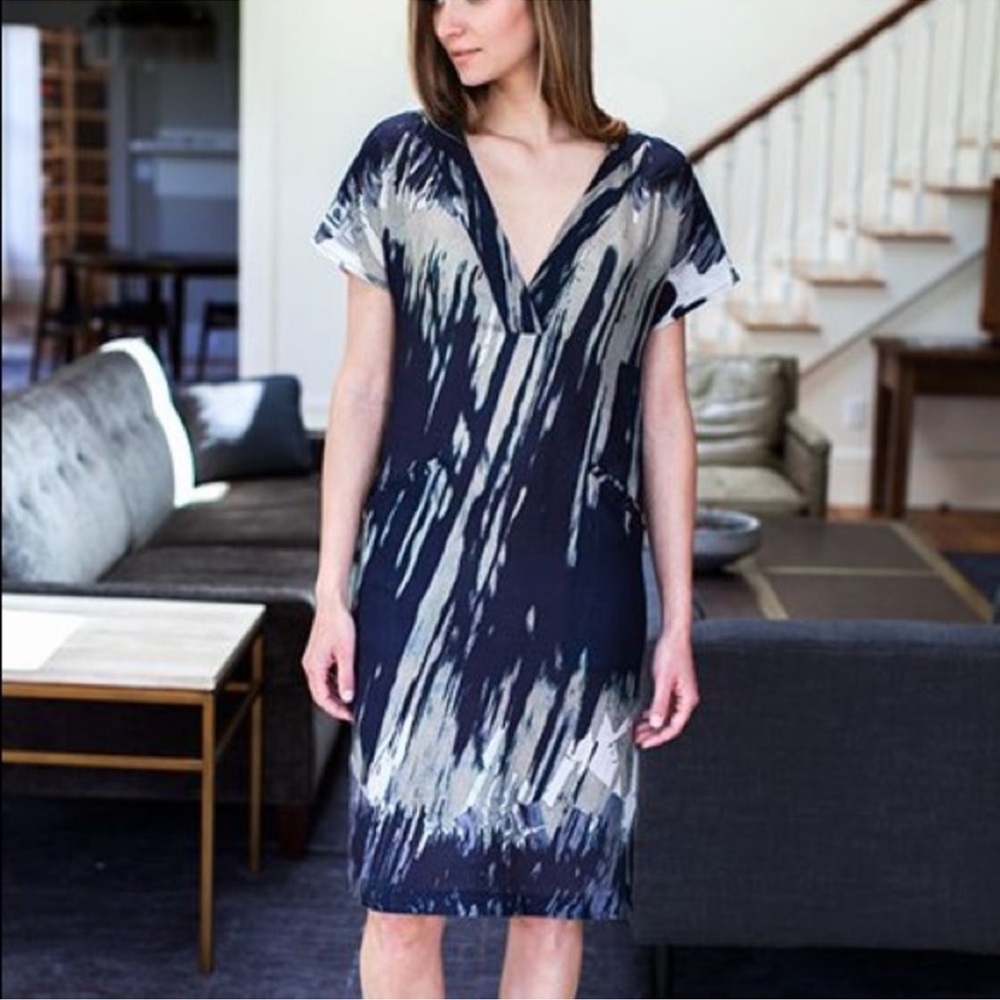 Emerson Fry Silk Wool Blend Column Midi Dress Abstract Brush Stroke Navy Gray-2